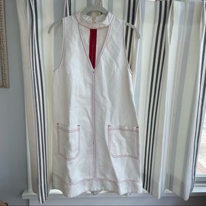 White Denim Dress with Red Accents